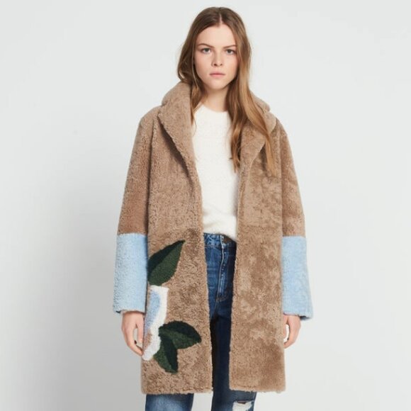 FREE SHIPPING SANDRO PARIS Lambskin Leather Shearling Coat with Floral Detailing - Picture 2 of 16